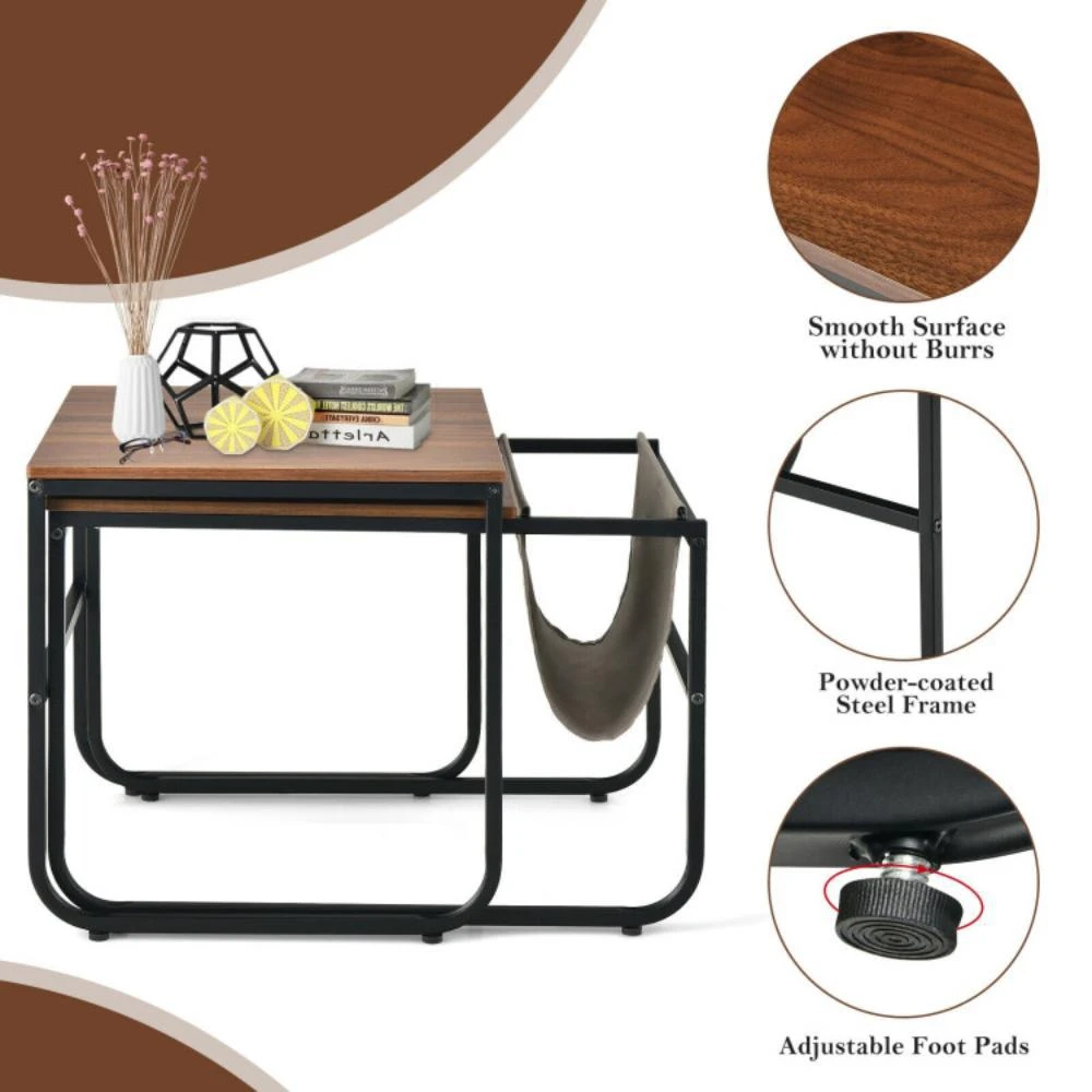 商品Hivvago|Set of 2 Nesting Coffee Tables with Side Pocket for Living Room Bedroom-Rustic Brown,价格¥822,第5张图片详细描述
