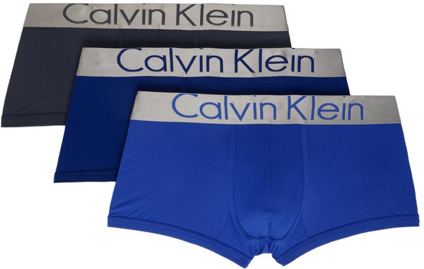 商品Calvin Klein|Three-Pack Blue & Black Microfibre Low Rise Trunk Boxers,价格¥288,第1张图片