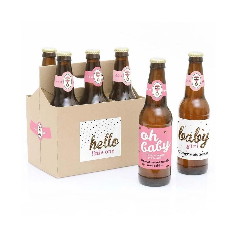 商品Big Dot of Happiness|Hello Little One Pink & Gold Baby Shower Decor 6 Beer Bottle Labels & 1 Carrier,价格¥97,第1张图片