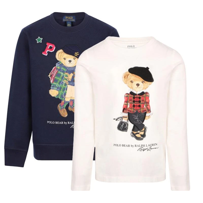 商品Ralph Lauren|Polo bear fleece sweatshirt and long sleeved t shirt set in navy and cream,价格¥1617,第1张图片