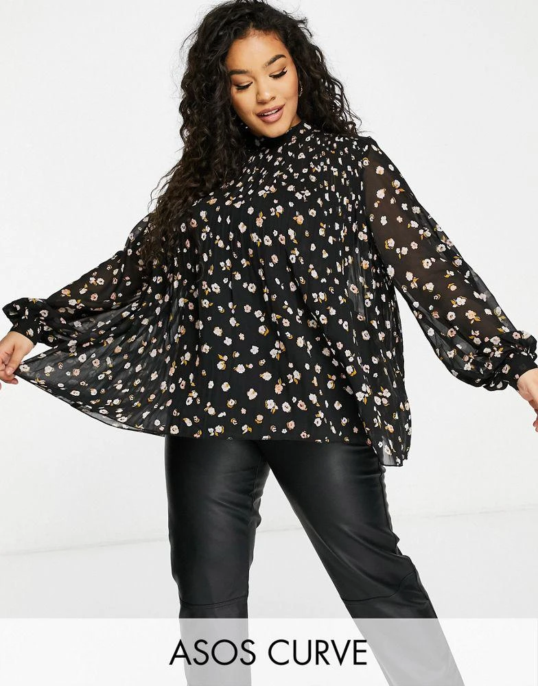 商品ASOS|ASOS DESIGN Curve long sleeve pleated trapeze top in floral print,价格¥202,第1张图片