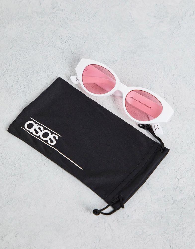 ASOS DESIGN retro oval sunglasses with pink lens in white - WHITE商品第4张图片规格展示