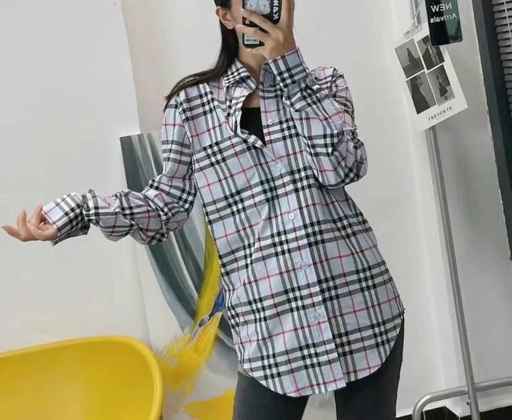 BURBERRY/博柏利 女士蓝灰色格纹棉质多扣领经典长袖衬衫80742151 商品