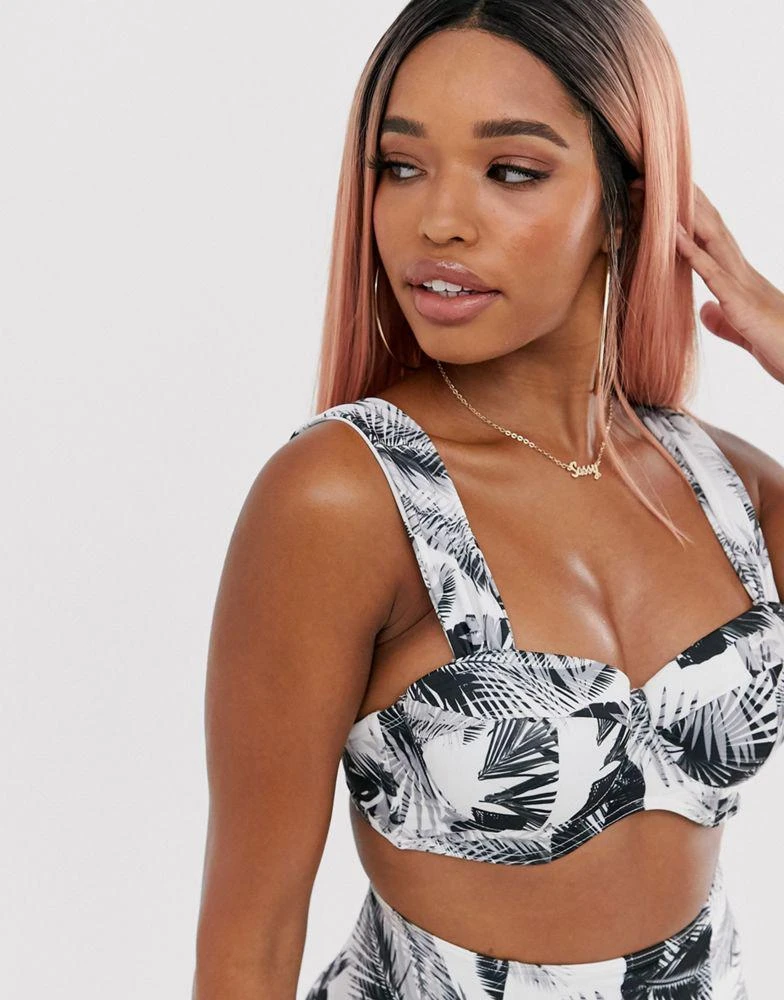 商品ASOS|ASOS DESIGN fuller bust exclusive underwired longline bikini top in mono palm print dd-g - MGREEN,价格¥70,第3张图片详细描述
