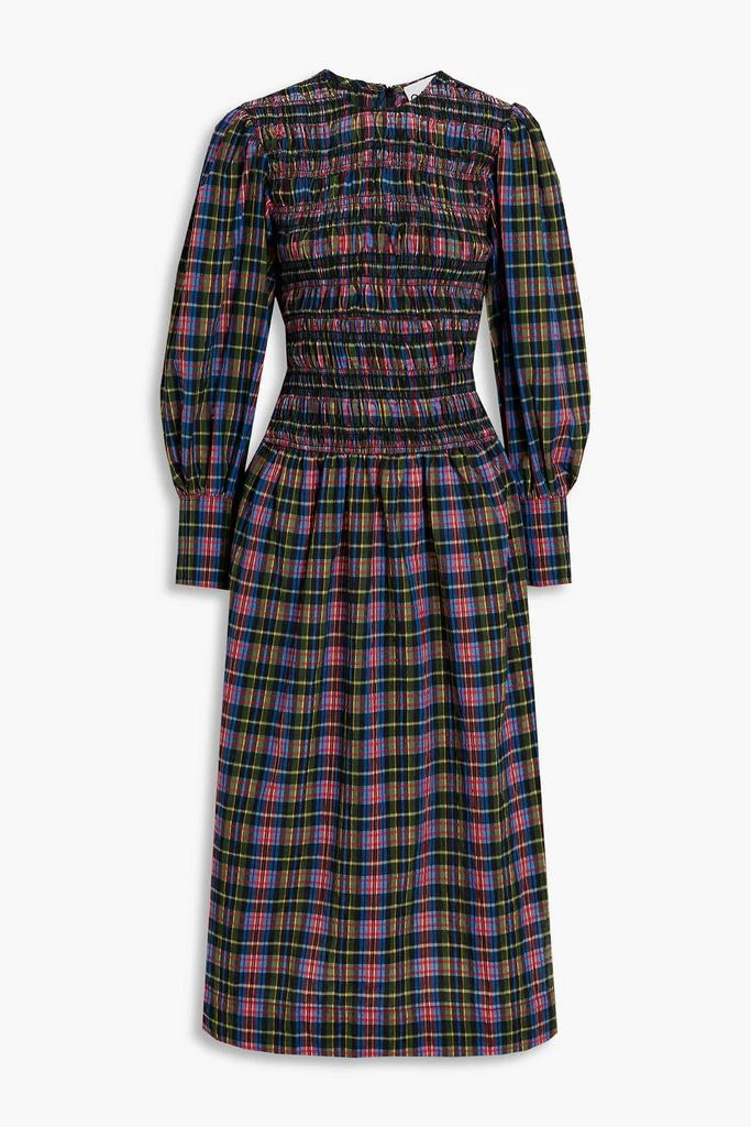 商品Ganni|Shirred checked cotton-blend seersucker midi dress,价格¥486,第1张图片