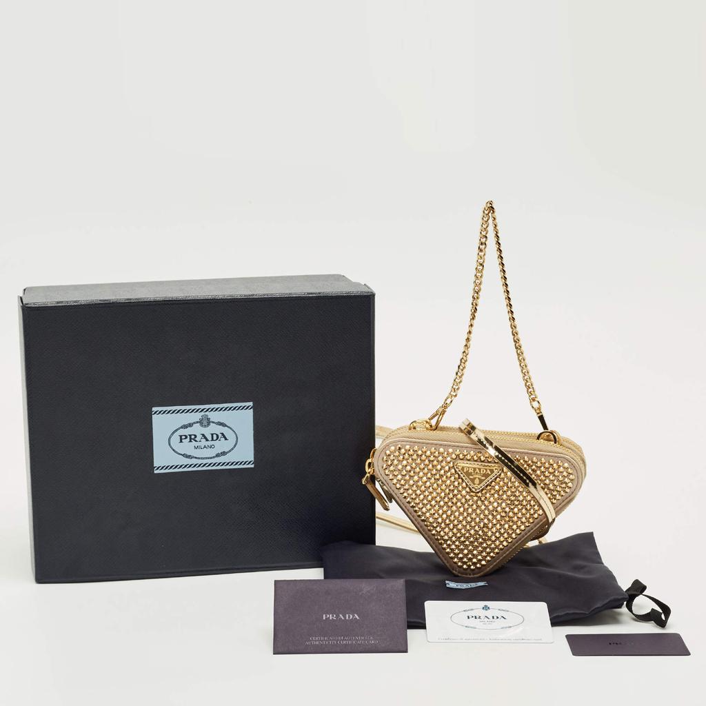 Prada Gold Leather and Satin Crystal Embellished Mini Triangle