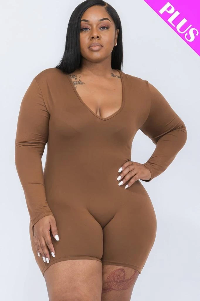 商品FASHNZFAB|Women's Plus V-neck Long Sleeve Bodycon Romper,价格¥135,第1张图片