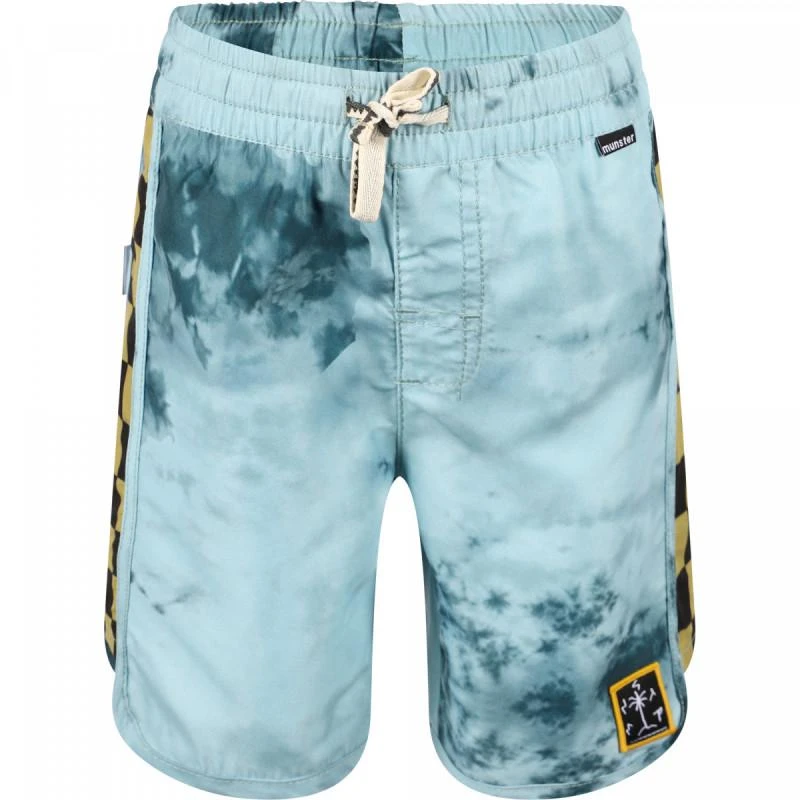 商品Munster|Tie dye logo swimming shorts with checked detailing in blue,价格¥482,第1张图片