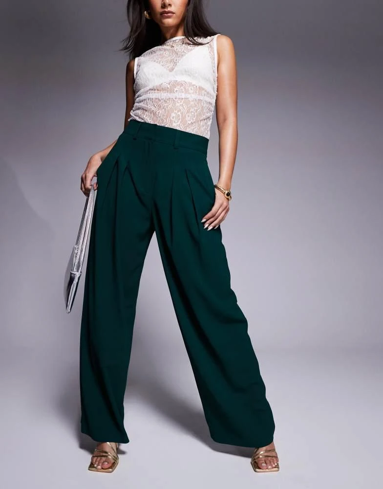 商品River Island|River Island pleated wide leg trouser in dark green,价格¥336,第1张图片