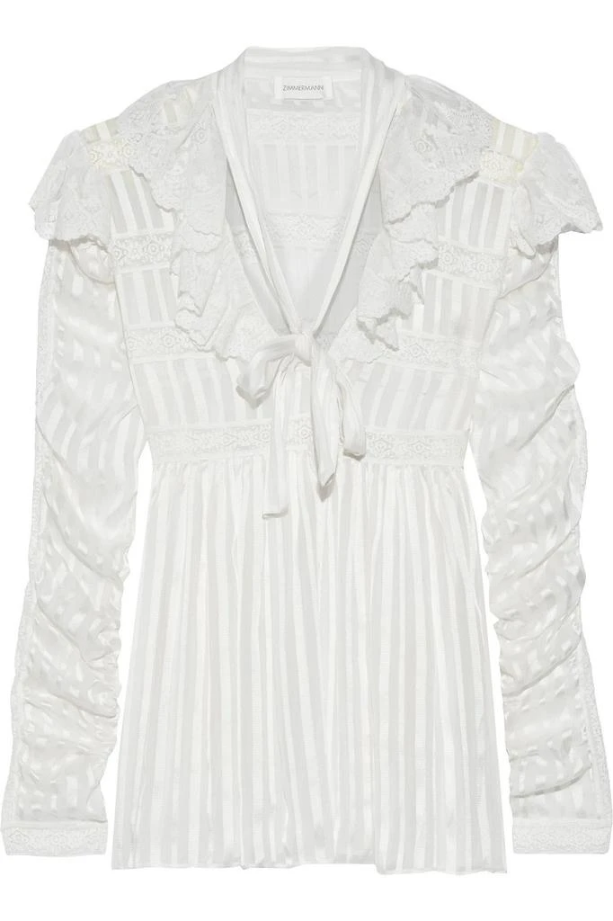 商品Zimmermann|Tempest ruffled lace-trimmed striped silk-georgette blouse,价格¥976,第1张图片