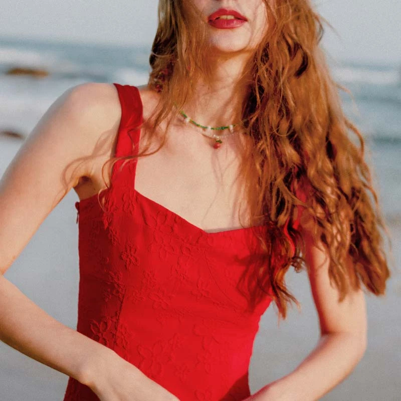 Tanya红色立体抽象印花吊带连衣裙 | Tanya Dress - Rose Red 商品