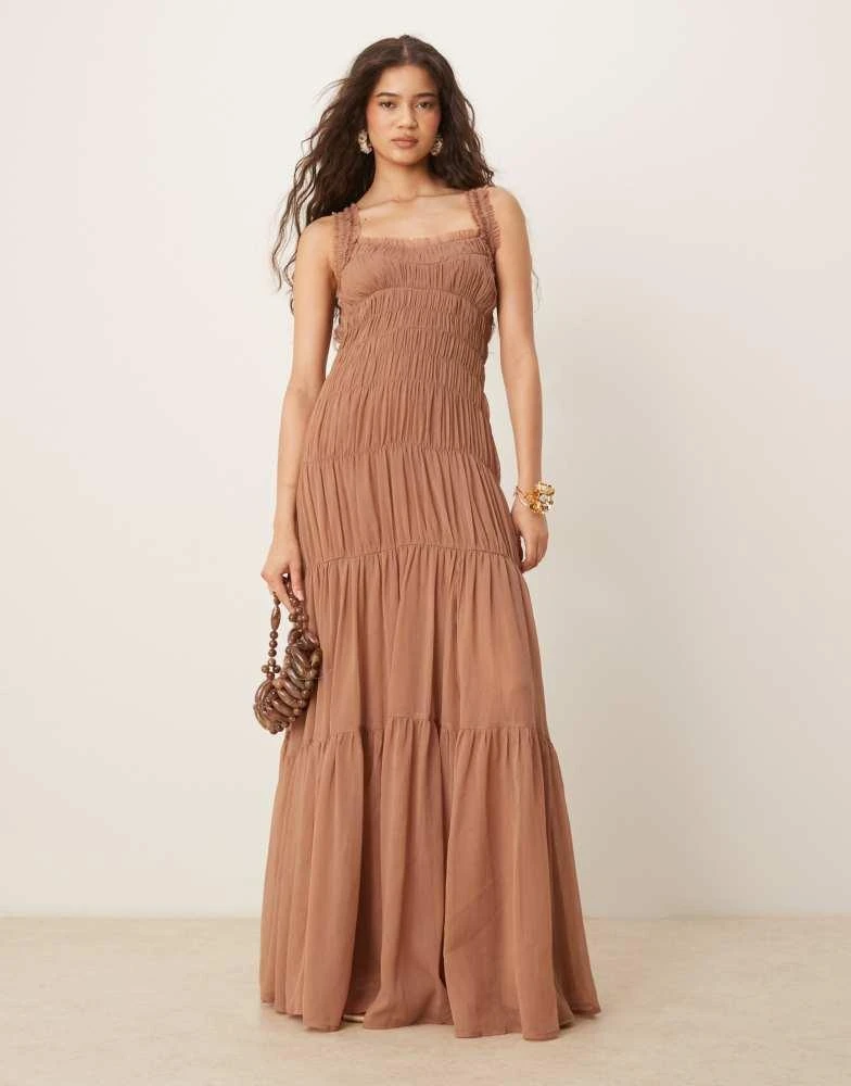 商品ASOS|ASOS DESIGN shirred tiered ruffle trim maxi dress in mauve,价格¥682,第1张图片