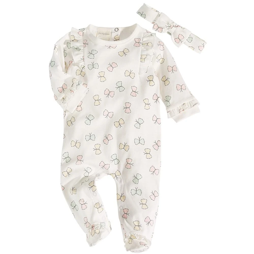 商品First Impressions|Baby Girls Butterfly Footed Coverall and Headband, 2 Piece Set, Created for Macy's,价格¥96,第1张图片