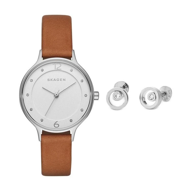 商品Skagen|Women's Anita Light Brown Leather Strap Watch & Stud Earrings Box Set 30mm SKW1085,价格¥417,第2张图片详细描述