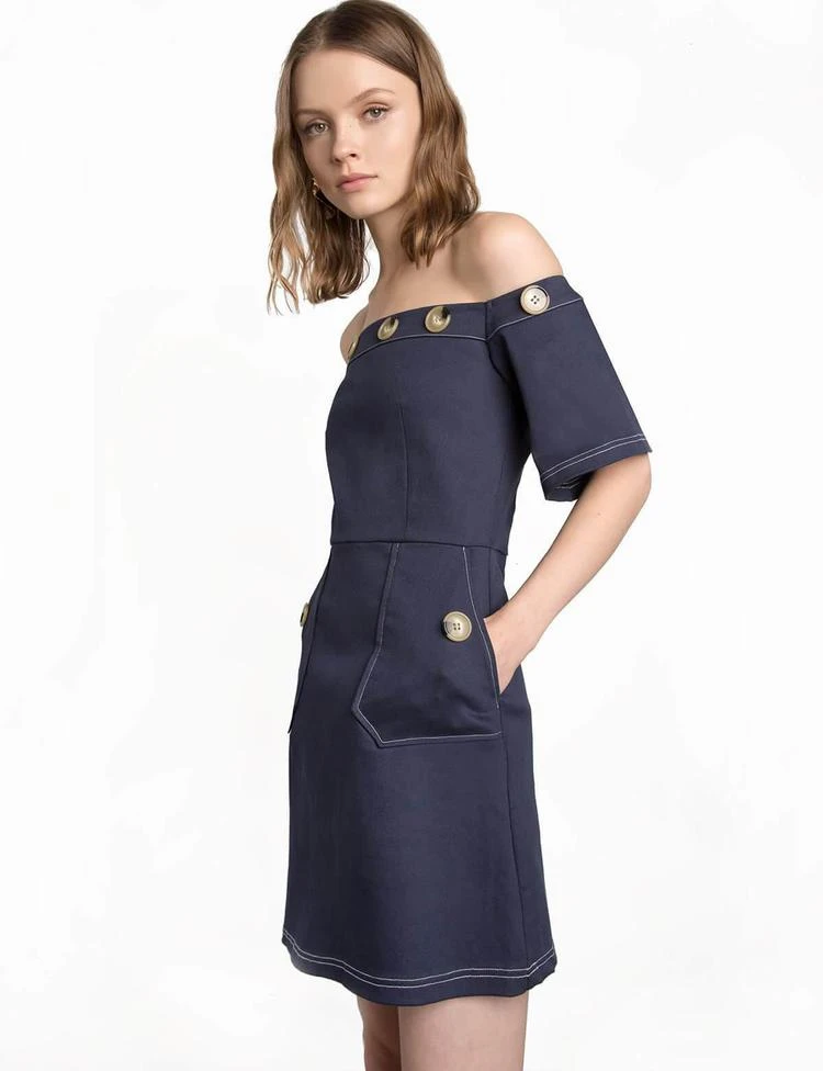 商品Pixie Market|Leah Navy Button Off The Shoulder Dress,价格¥941,第4张图片详细描述