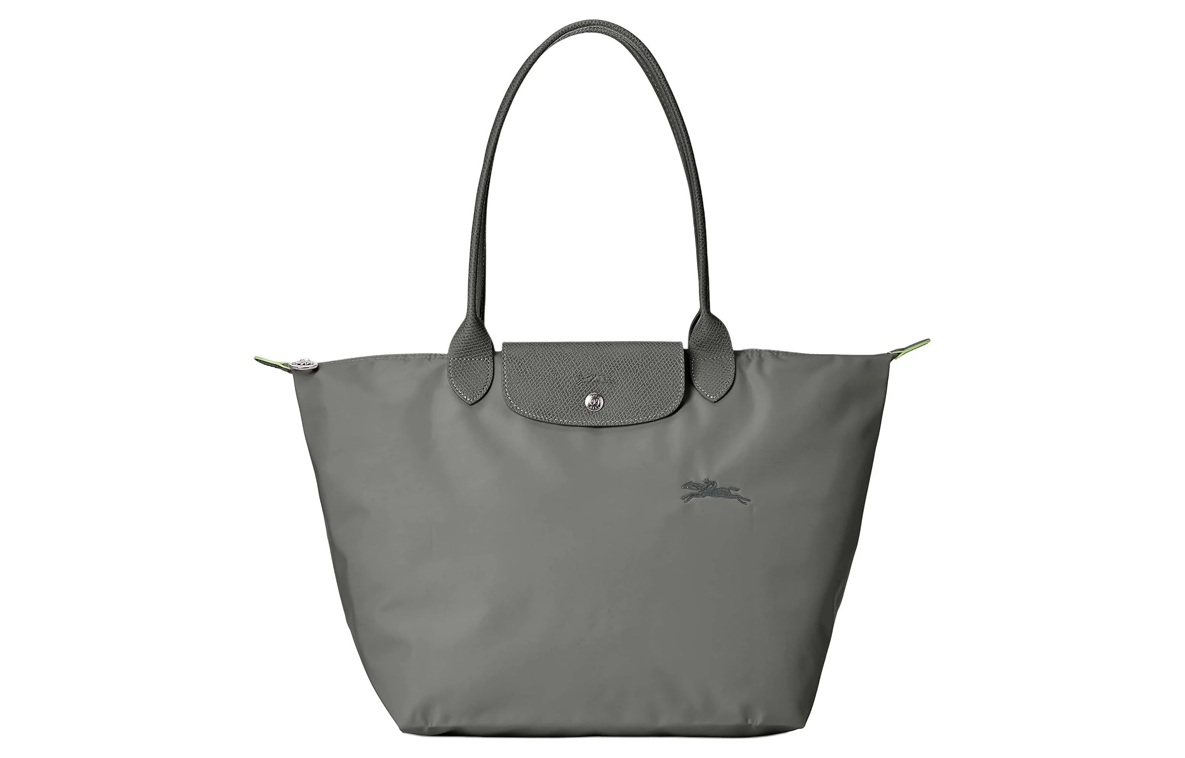 商品[国内直发] Longchamp|Le Pliage Green Logo徽标可折叠翻盖拉链 帆布拼牛皮 帆布包手提单肩包 大号 女款 石墨色,价格¥1320,第1张图片