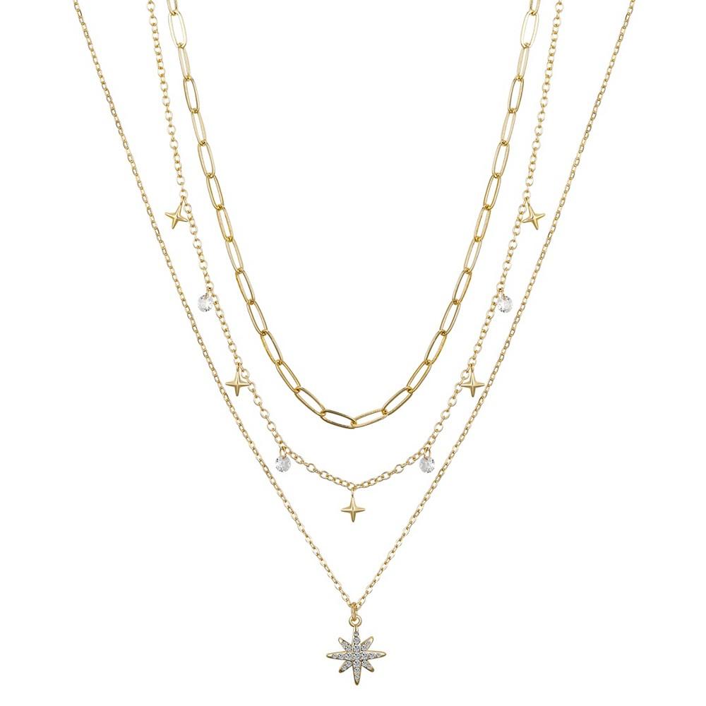 14K Gold Flash Plated Brass Crystal Star Pendant, Cubic Zirconia and Multi Star Charmed, 3-Piece Necklace Set商品第1张图片规格展示