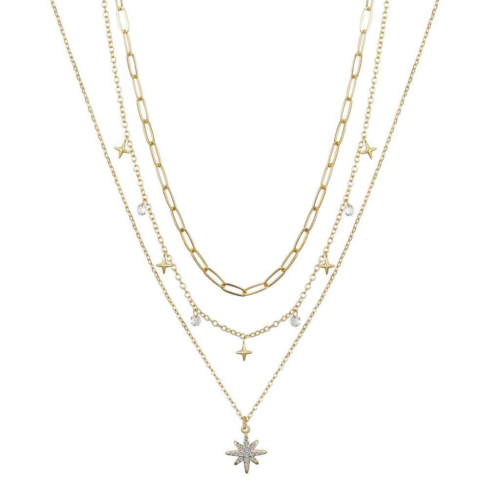 商品Unwritten|14K Gold Flash Plated Brass Crystal Star Pendant, Cubic Zirconia and Multi Star Charmed, 3-Piece Necklace Set,价格¥215,第1张图片