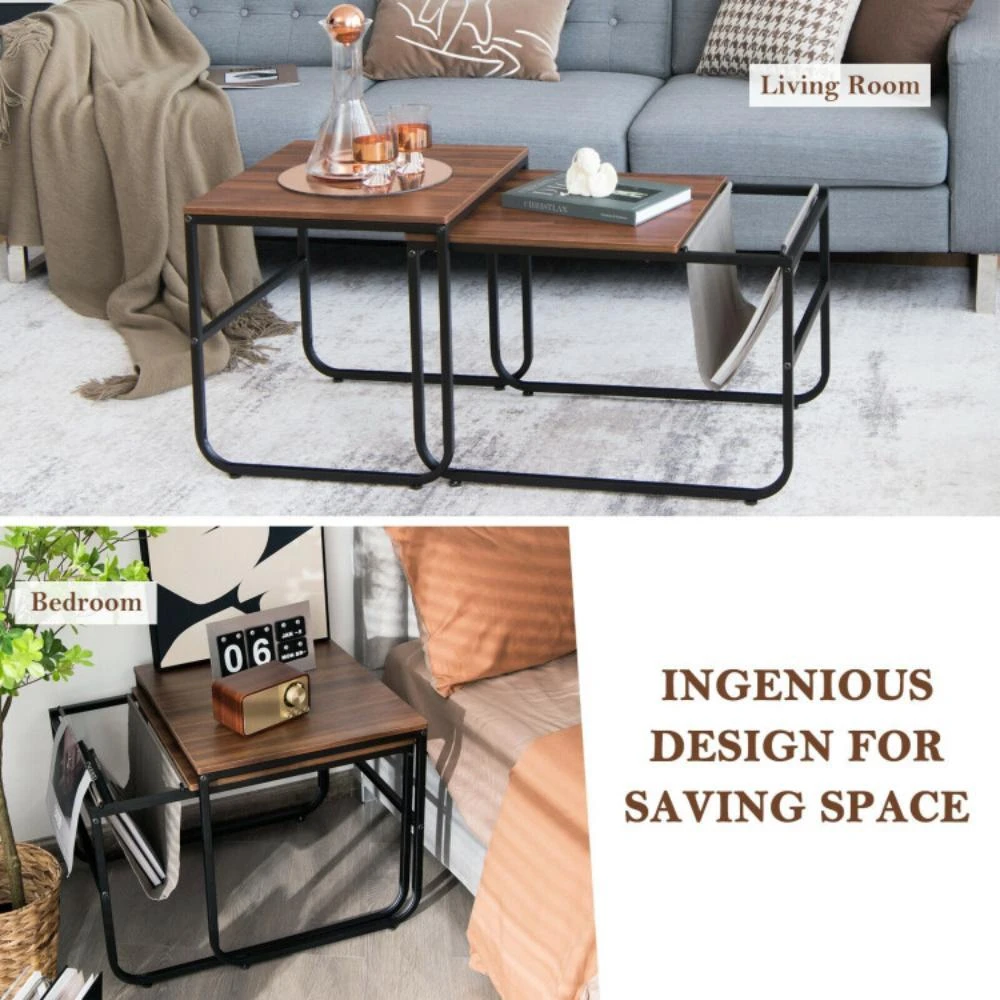 商品Hivvago|Set of 2 Nesting Coffee Tables with Side Pocket for Living Room Bedroom-Rustic Brown,价格¥822,第3张图片详细描述
