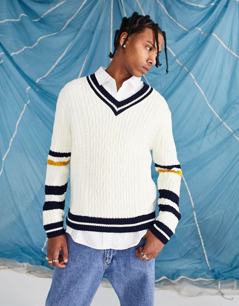 ASOS DESIGN knitted cricket jumper with multi stripe in beige商品第4张图片规格展示