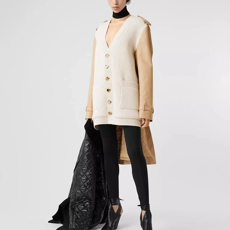 商品[国内直发] Burberry|Trench 风衣裁片罗纹针织羊毛混纺开衫羊毛衫外套 女款 柔黄褐色,价格¥5027,第5张图片详细描述