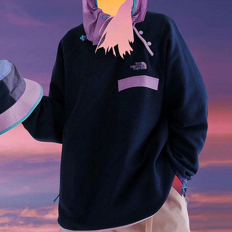 商品[国内直发] The North Face|x CLOT 联名款  SS23 Logo刺绣抓绒加绒保暖下摆拉链宽松卫衣 男款 苍穹青,价格¥1556,第5张图片详细描述