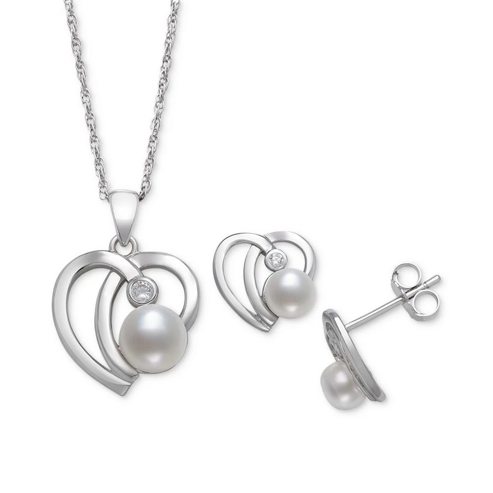 商品Belle de Mer|2-Pc. Set Cultured Freshwater Button Pearl (6mm) & Cubic Zirconia Heart Pendant Necklace & Matching Stud Earrings in Sterling Silver,价格¥1859,第1张图片