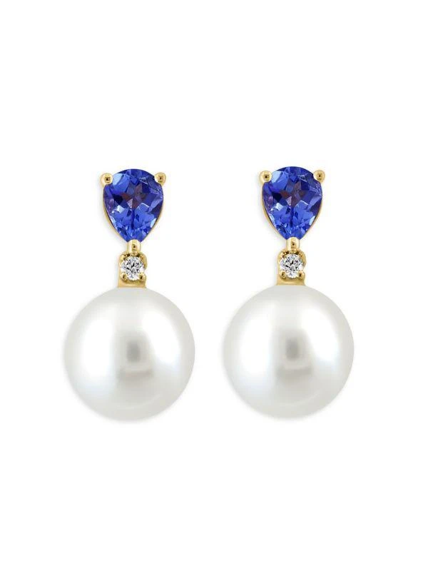 商品Effy|14K Yellow Gold Diamond, 9MM Freshwater Pearl & Tanzanite Drop Earrings,价格¥4689,第2张图片详细描述