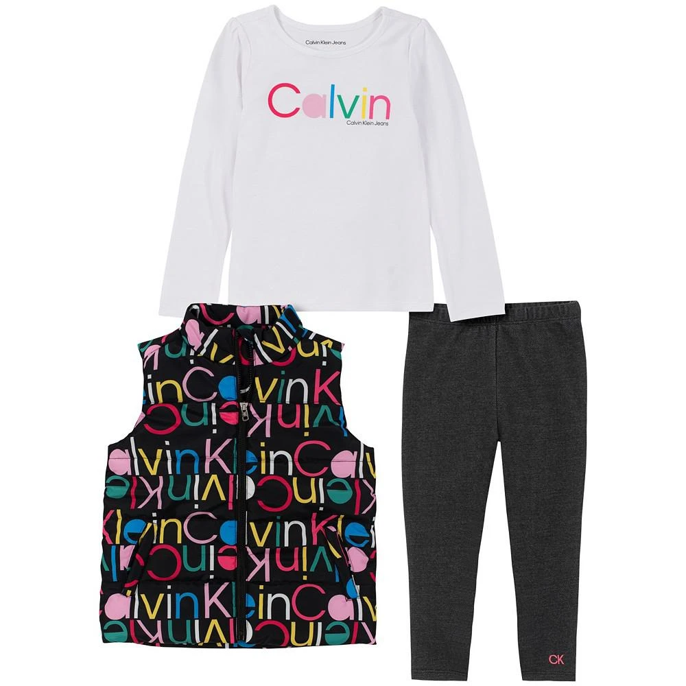 商品Calvin Klein|Little Girls Multi Logo Puffer Vest, Logo T-shirt and Triblend Knit Leggings, 3 Piece Set,价格¥234,第1张图片