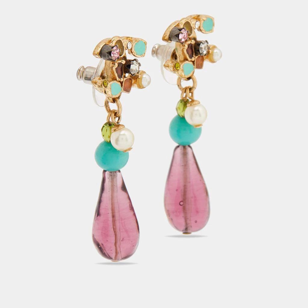 商品[二手商品] Chanel|Chanel Gold Tone Multicolor Enamel Crystal CC Bead Drop Earrings,价格¥4319,第2张图片详细描述