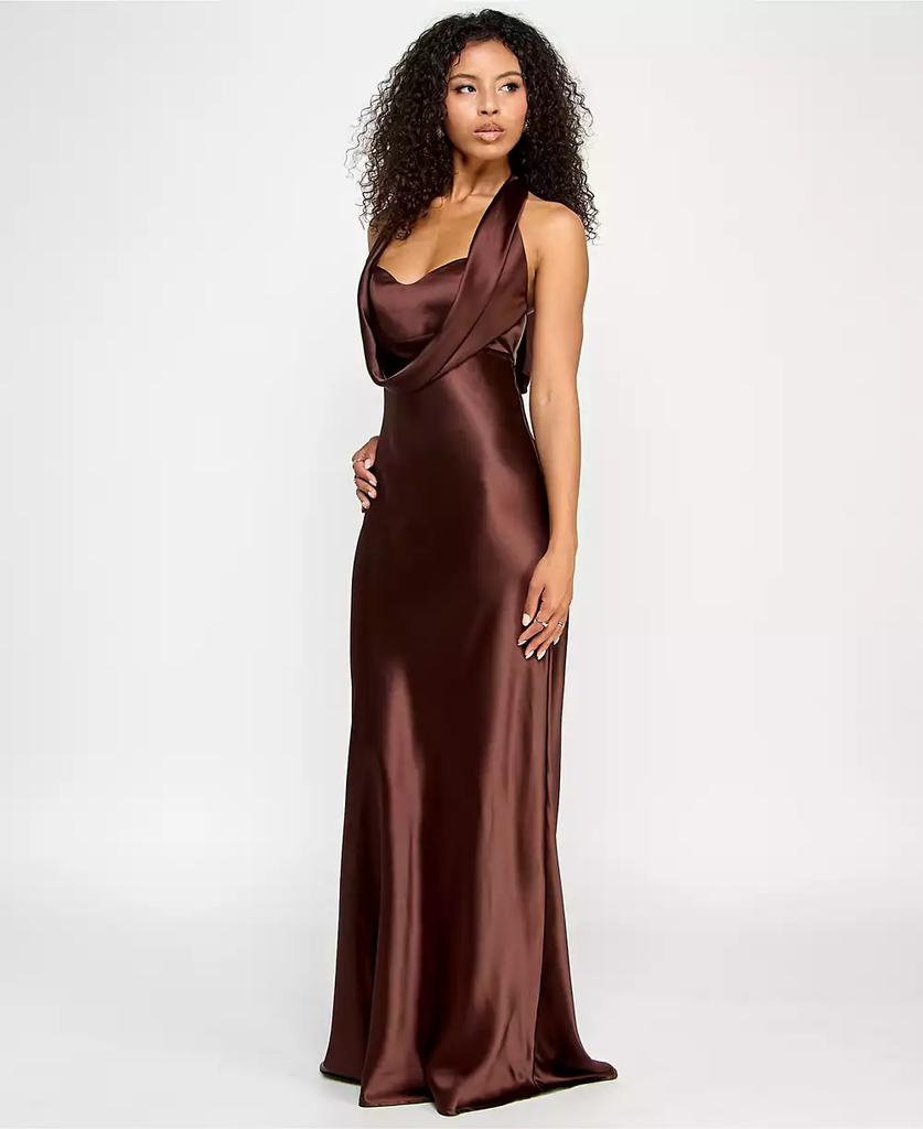 ★SCULPTOR★ Evening Sun Jersey Dress Brown SC23S304BR KATIA RAE Juniors' Satin Cowl-Neck Halter Gown - Dresses