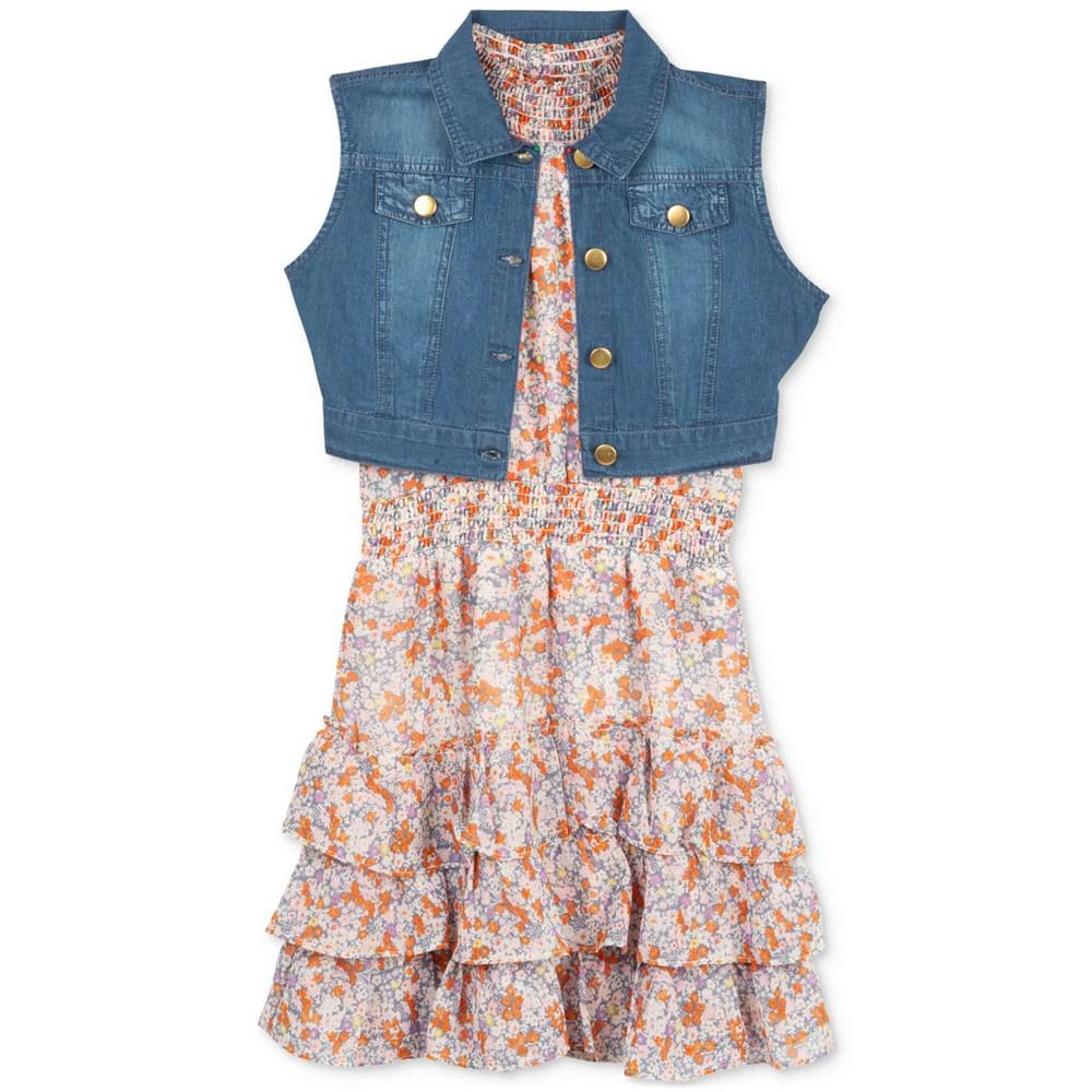 商品Rare Editions|Big Girls Floral Chiffon Tiered Dress & Denim Vest,价格¥204,第1张图片