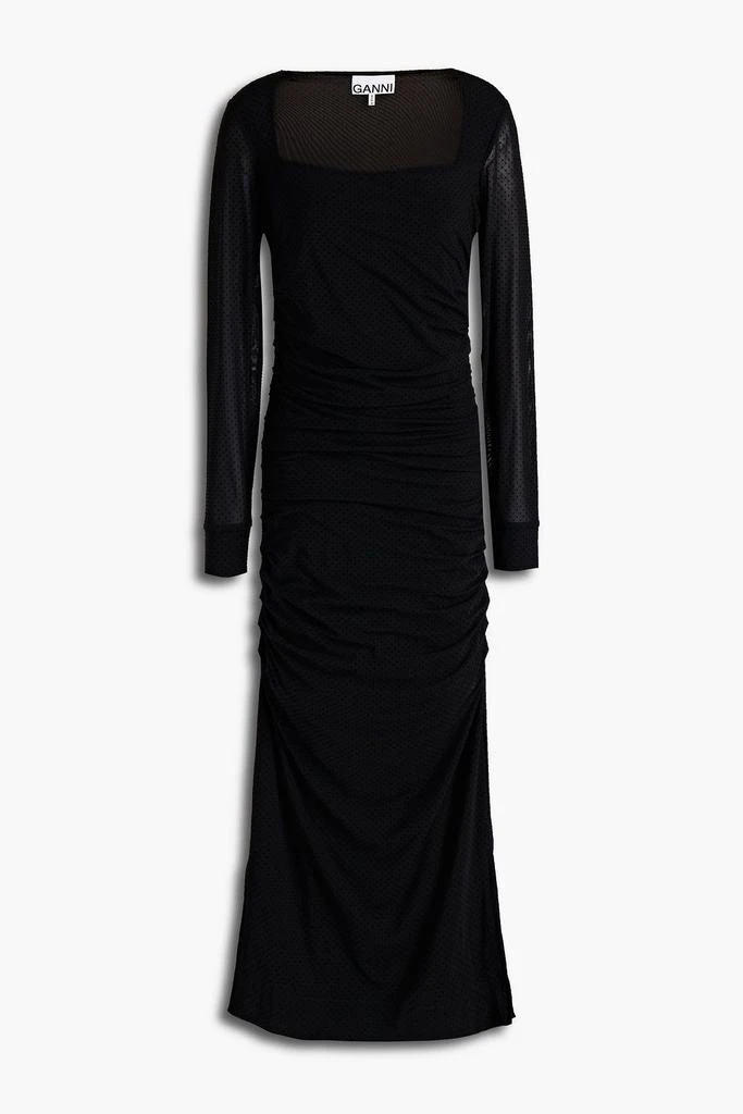 商品Ganni|Ruched flocked mesh midi dress,价格¥911,第1张图片
