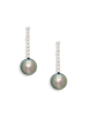 商品BELPEARL|14K White Gold, Diamond & 10mm Black Tahitian Pearl Drop Earrings,价格¥7488,第1张图片