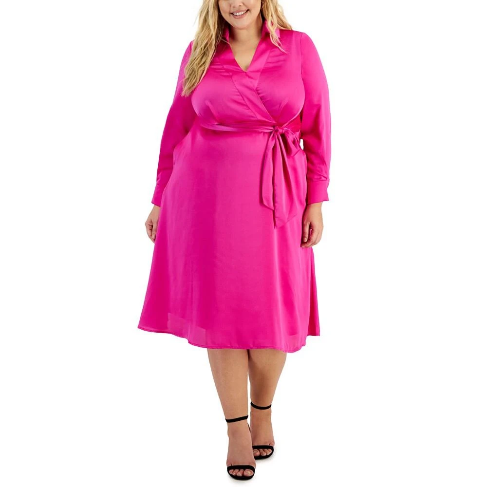 商品Tahari|ASL Plus Size Collared V-Neck Side-Tie Midi Dress,价格¥374,第1张图片