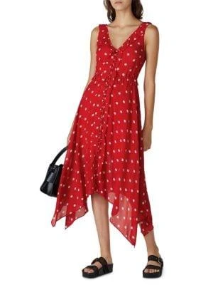 商品The Kooples|Polka Dot Handkerchief Hem Ruffle Midi Dress,价格¥712,第1张图片