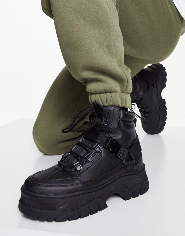 商品ASOS|ASOS DESIGN lace up boots in black faux leather with chunky sole,价格¥330,第1张图片