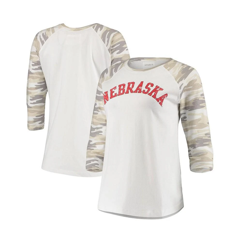 商品Camp David|Women's White and Camo Nebraska Huskers Boyfriend Baseball Raglan 3/4 Sleeve T-shirt,价格¥261,第1张图片