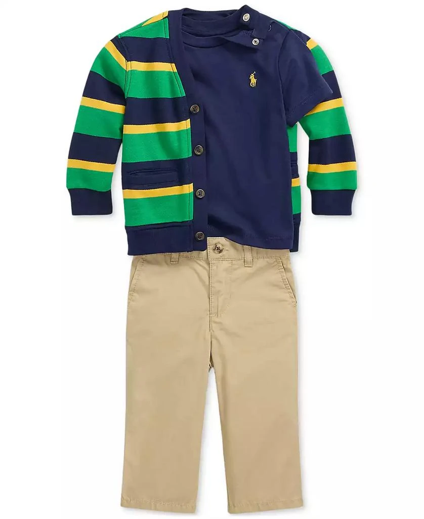 商品Ralph Lauren|Baby 3-Pc. Solid T-Shirt, Stripe Fleece Cardigan & Poplin Pants Set,价格¥501,第1张图片