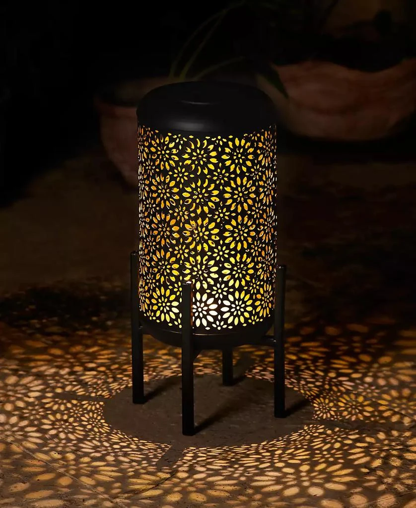 14.25" H Black and Gold-Tone Metal Cutout Flower Pattern Solar Powered LED Outdoor Lantern with Stand 商品