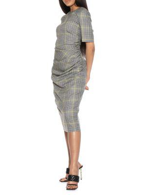 Olive Plaid Draped Midi Sheath Dress商品第3张图片规格展示