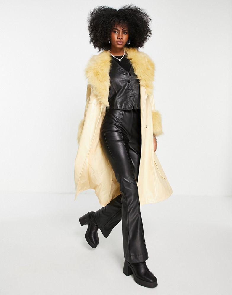 Topshop PU & faux fur trim long belted coat in buttermilk商品第1张图片规格展示