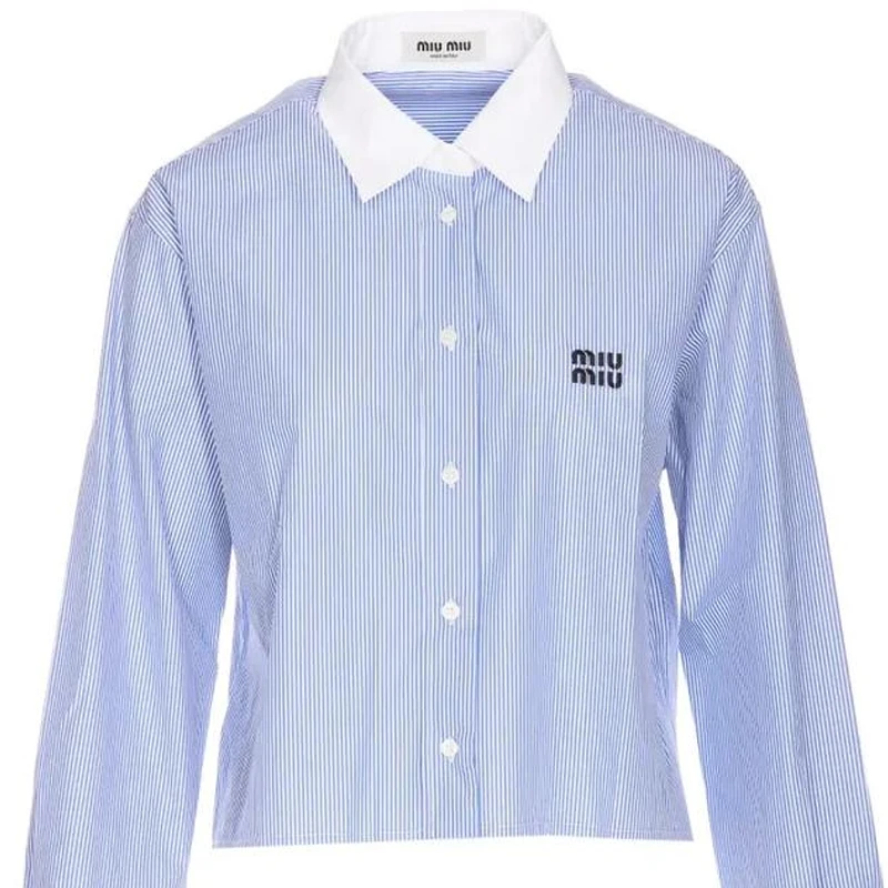 商品[国内直发] Miu Miu|缪缪 条纹翻领长袖合身短款衬衫 女款 蓝色,价格¥8747,第4张图片详细描述