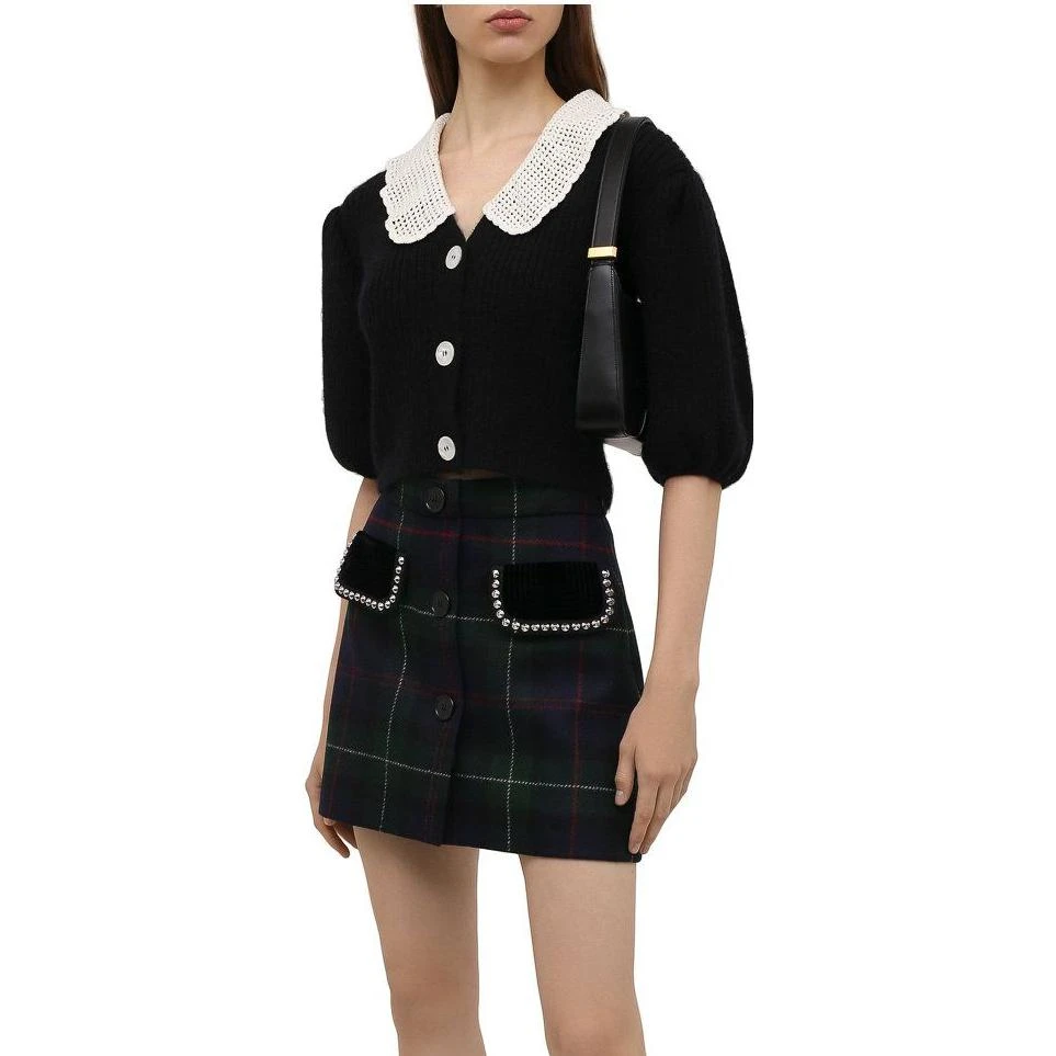 商品[国内直发] Miu Miu|拼色翻领针织短款短袖开衫毛衣 女款 黑色,价格¥4058,第3张图片详细描述