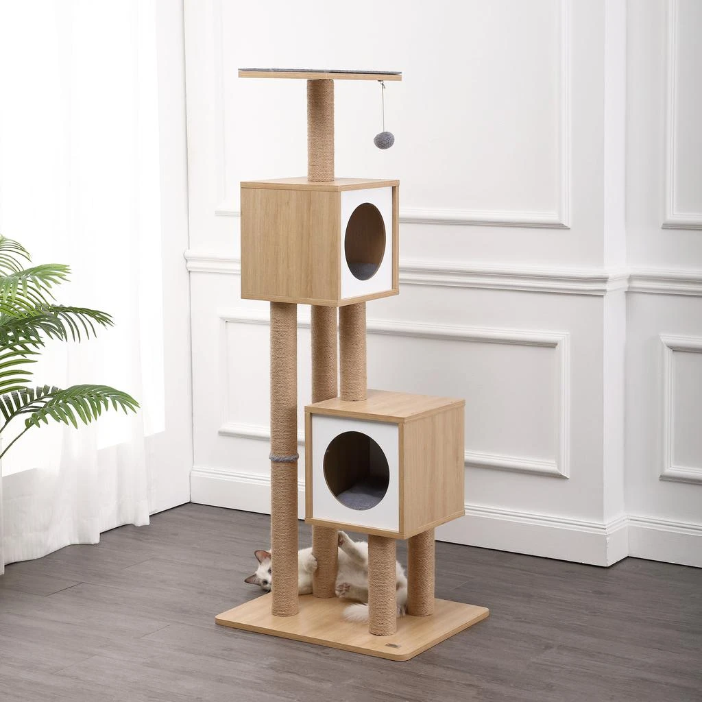 商品THE LICKER STORE|Sawyer 56" 3-Tier Minimalist Jute Cat Tree Condo with Scratching posts, and Fuzzy Toy, Brown/White,价格¥2593,第3张图片详细描述
