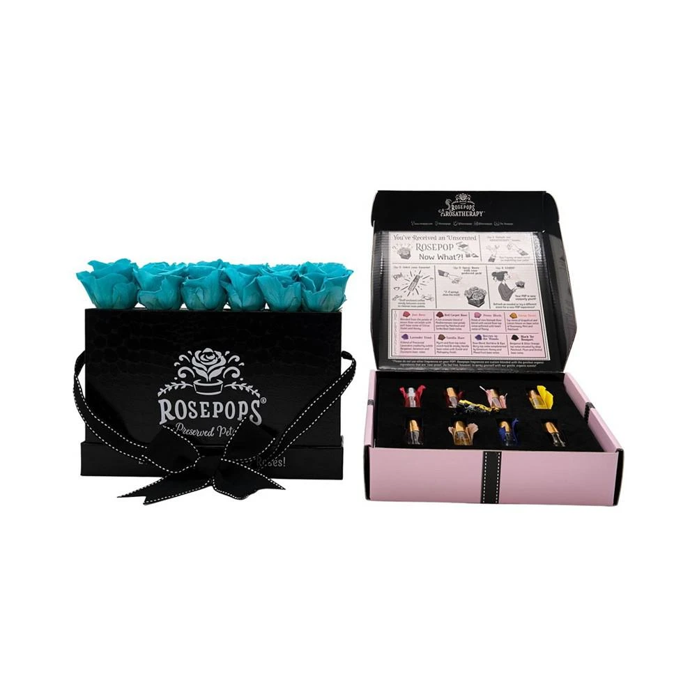 商品Rosepops|POP-Up Box of 6 Unscented Blue Topaz Real Roses with a Sampler Set of all Arosatherapy ® Fragrances with which to Scent the Roses,价格¥1274,第1张图片