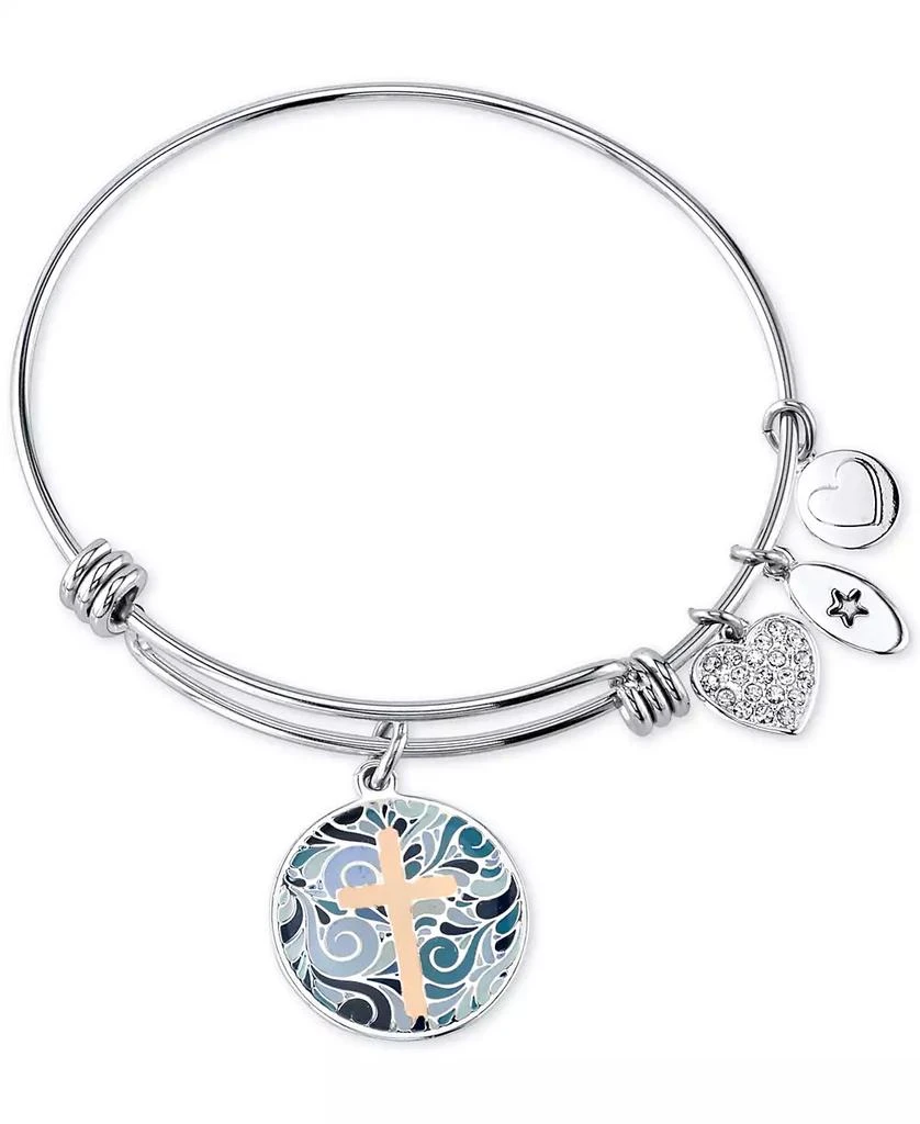 商品Unwritten|Cross Message & Heart Charm Bangle Bracelet in Stainless Steel & Rose Gold-Tone with Silver Plated Charms,价格¥410,第1张图片