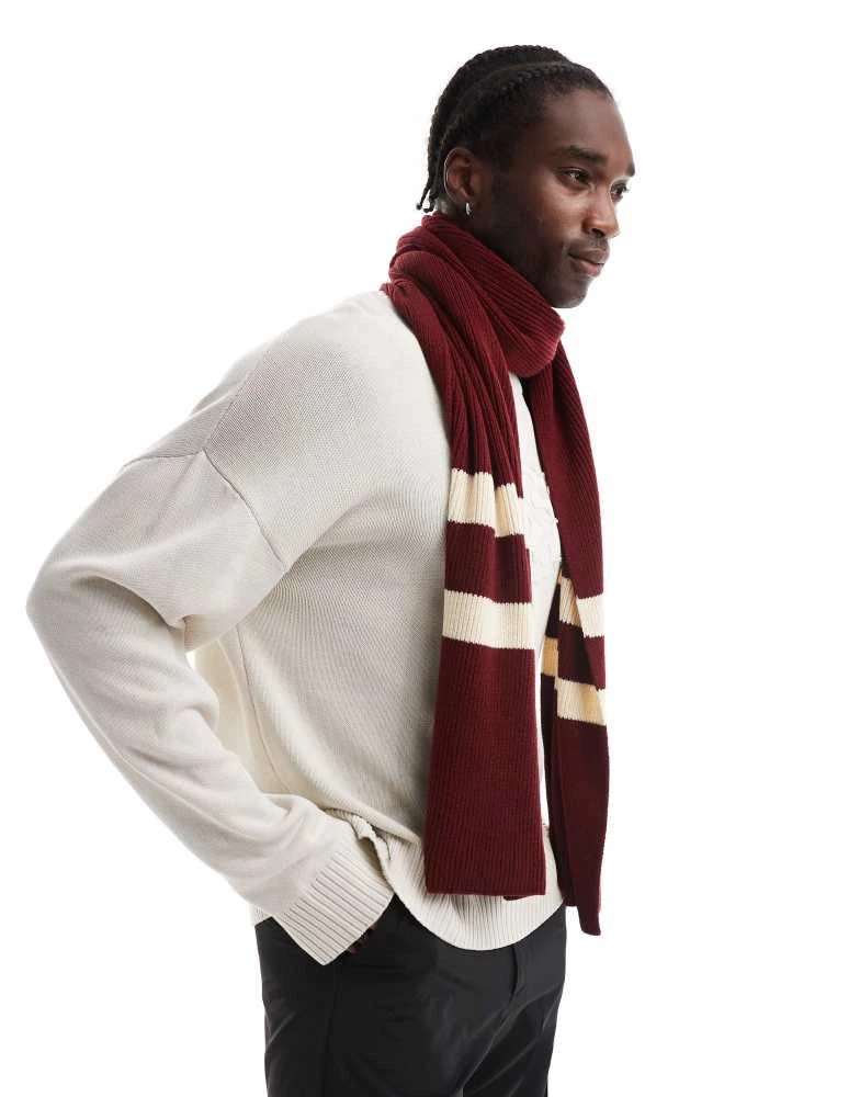 商品ASOS|ASOS DESIGN knitted scarf with varsity stripe in burgundy,价格¥139,第4张图片详细描述