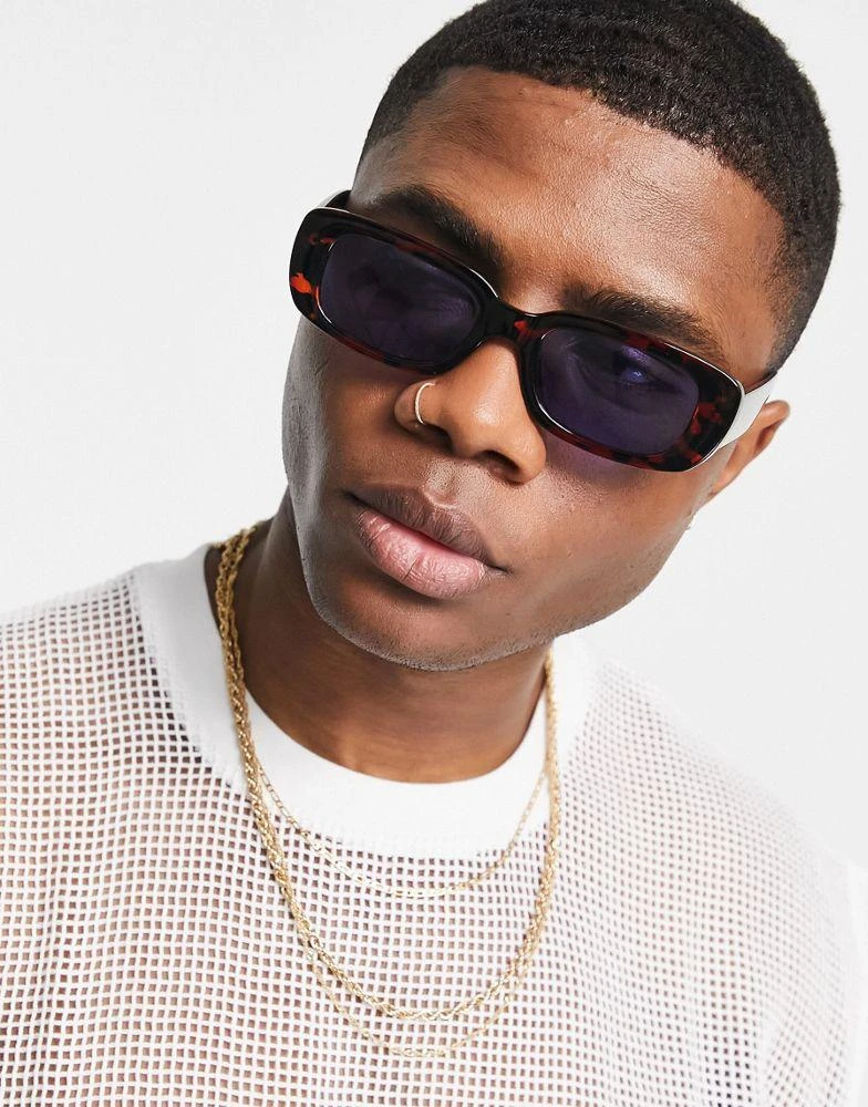 商品ASOS|ASOS DESIGN mid rectangle sunglasses with blue lens in tortoiseshell - BROWN,价格¥59,第3张图片详细描述