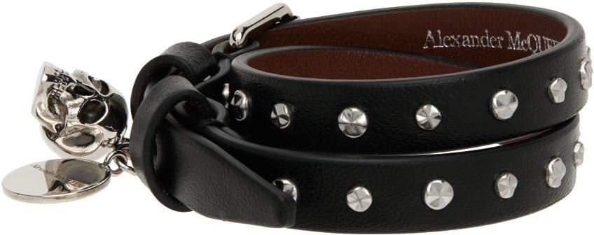 Black & Silver Double Wrap Studded Skull Bracelet商品第3张图片规格展示